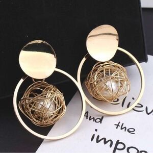 Gold Geometric Earrings with Pearls Double-Circle Design